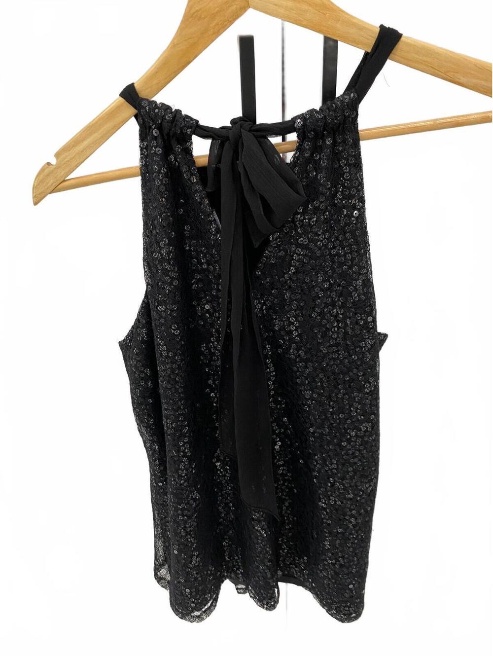 T Tahari Black Sequin Halter Top with tie at neck size Large